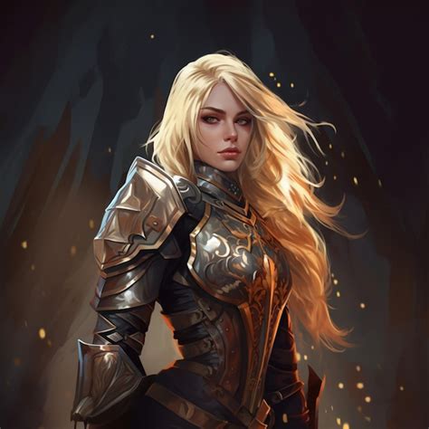 Premium Ai Image Blond Woman In Armor With Sword And Glowing