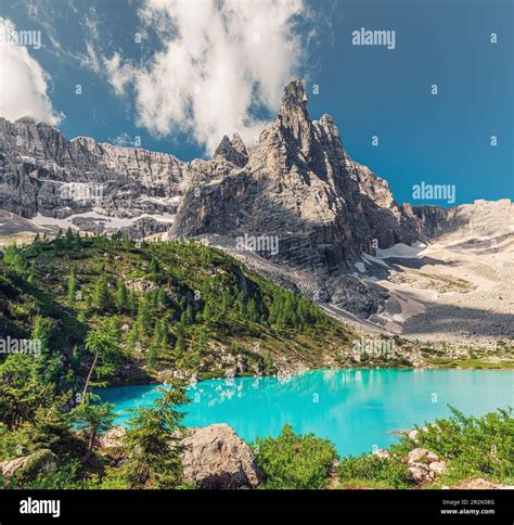 Alpine Turquoise Water Sorapis Lake In Dolomites Mountains Italy