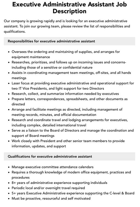 Executive Administrative Assistant Job Description Velvet Jobs