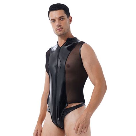 Men S Wetlook Leather Zipper Bodysuit Jumpsuit Singlet Lingerie Latex Underwear Ebay