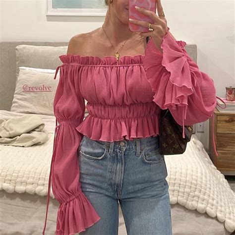 Hot Pink Ruffle Long Sleeve Off The Shoulder Top Depop
