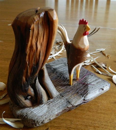 Hand Carved Chickens Wooden Roosters Folk Art Carvings