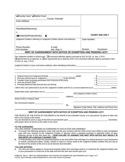 Writ Of Garnishment With Notice Of Exemption And Pending Levy