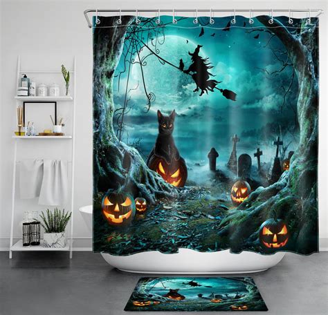 Spooky Halloween Shower Curtain Witchy Pumpkins Ghostly Graveyard