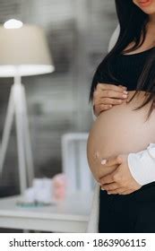 Woman Standing Touching Hands Her Naked Stock Photo