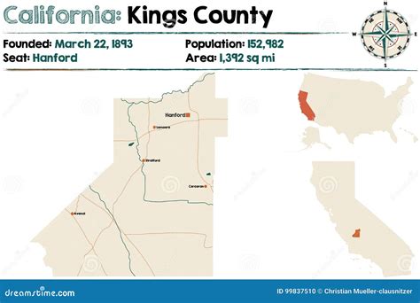 Map Of Kings County In California State On White Background. Single ...