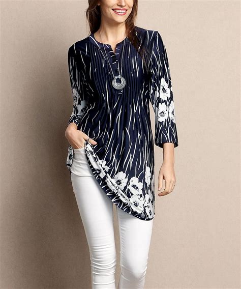 Zulily P Navy Floral Notch Neck Pin Tuck Tunic Plus