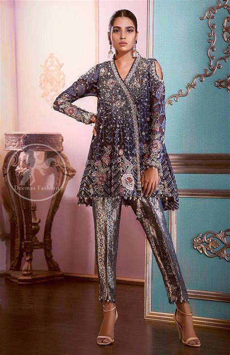 Latest Oxford Blue Angrakha Style Short Frock Brocade Trousers