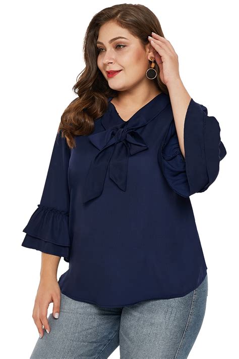 Navy Blue Tie Neck Ruffle Sleeved Plus Size Blouse Plus Size Blouses