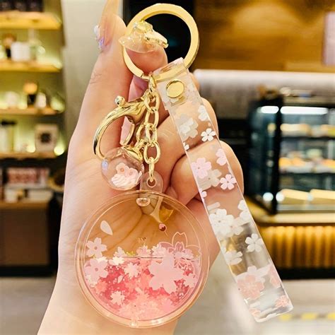 Cherry Girl Heart Car Key Chain Exquisite And Cute Round Quicksand Bottle Oil Bottle Series