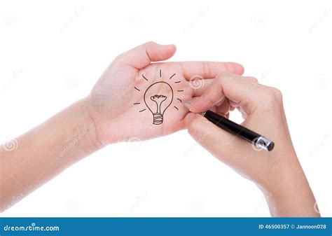 Hand With Pen Write Idea Light Bulb Stock Image Image Of Cardboard