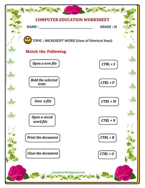 Computer Education Worksheet 3 Micro Soft Word Short Cut Keys And Uses