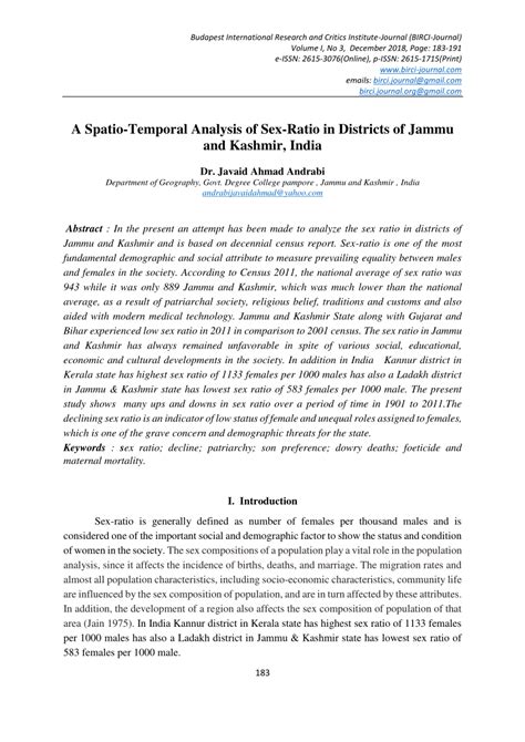 Pdf A Spatio Temporal Analysis Of Sex Ratio In Districts Of Jammu And