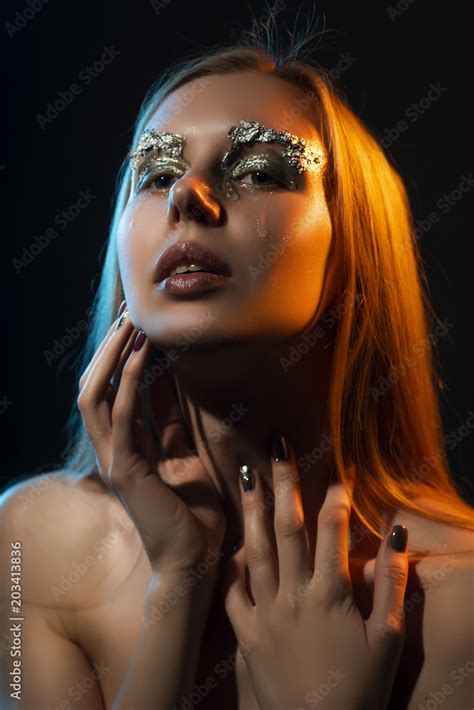 Beautiful Crying Naked Blonde Girl Covers Topless Big Chest With Her Hands Avant Garde Makeup