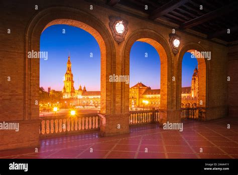 Spanish Square - Plaza de Espana - in Seville at night, Spain Stock ...