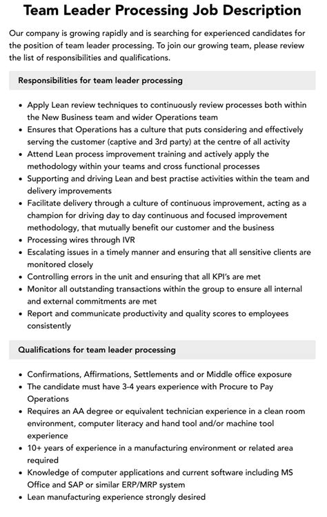 Team Leader Processing Job Description Velvet Jobs