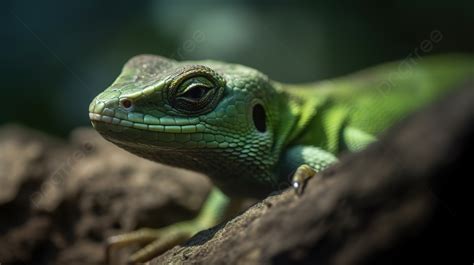 Green Lizard Sitting On Rocks In The Woods Background Closeup Of A