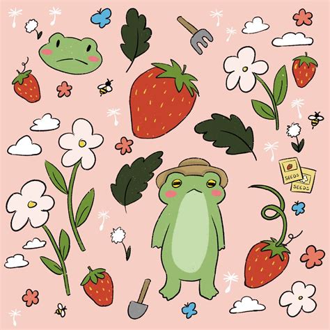 Strawberry Dreams 🍓☁️ Frog Art Frog Drawing Cute Little Drawings