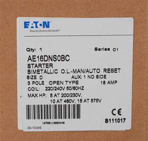 IEC Motor Starter: 18A, 240 VAC (60Hz)/220 VAC (50Hz) coil voltage (PN ...