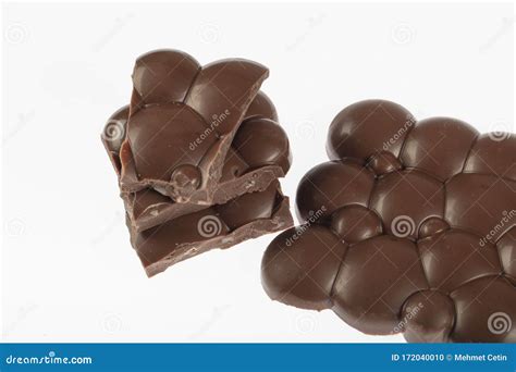 Dark Chocolate Pieces Chocolate Popping Isolated On White Background