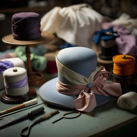 Un Sombrero Azul Con Un Lazo Rosa Se Sienta En Una Mesa Con Otros