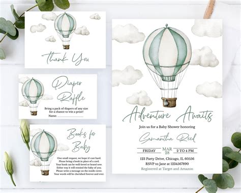 Editable Adventure Awaits Baby Shower Invitation Bundle Green Hot Air