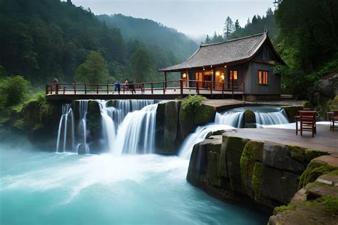 Premium AI Image | a cabin on a waterfall with a waterfall in the background