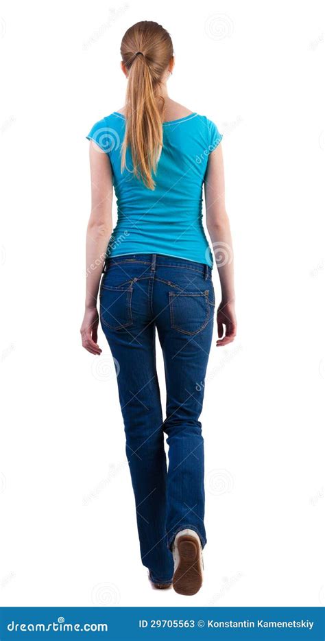 Back View Of Walking Woman In Jeans And Shirt Stock Photos Image