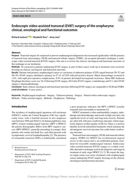 Endoscopic Video Assisted Transoral Evat Surgery Of The Oropharynx