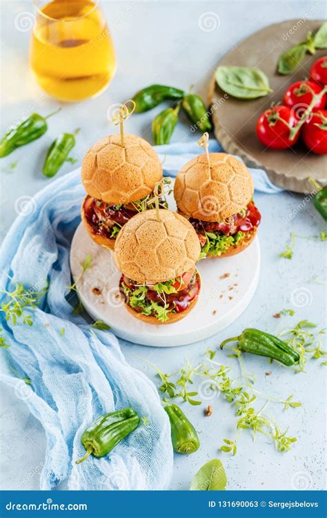 Fresh Delicious Burgers In Form Of Football Soccer Stock Image Image