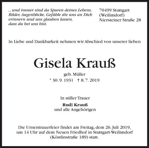 Traueranzeigen von Gisela Krauß stuttgart gedenkt de