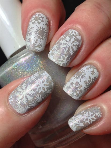 White Holo Snowflakes Grey Christmas Nails Snowflake Nail Art