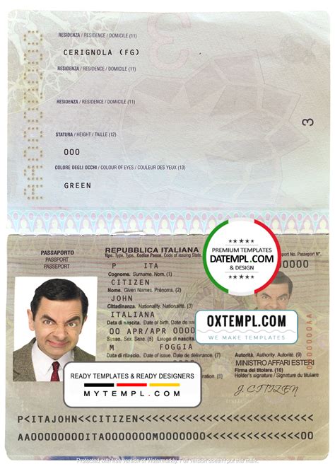 Italy passport template in PSD format, fully editable, with all fonts