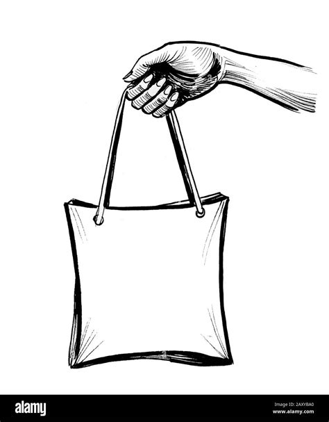 Hand holding shopping bag. Ink black and white drawing Stock Photo - Alamy