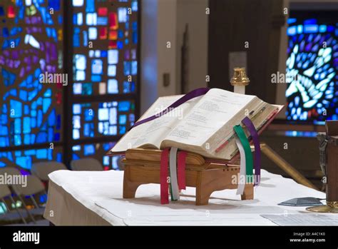 Bible On Altar In Roman Catholic Church Stock Photo Alamy