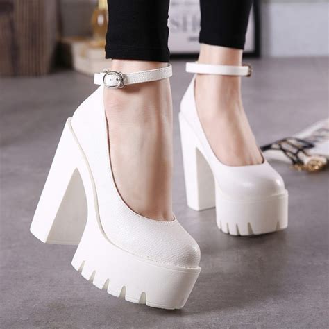 Womens Platform Chunky High Heels Ankle Buckle Strap Round Toe Non