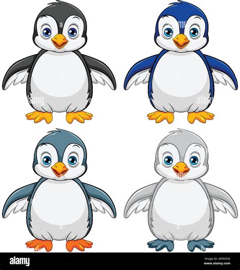 A cartoon illustration of four cute baby penguins isolated on a white