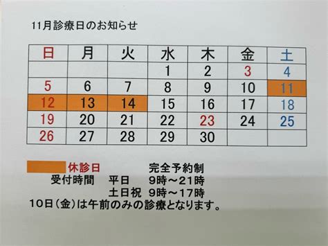 11月診療日のお知らせ アカシア鍼灸整骨院のブログ｜坂戸駅から徒歩6分