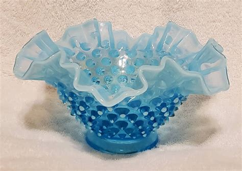 Vintage Fenton Turquoise Blue Hobnail Dish With Ruffle Edge Etsy