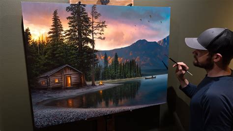 Landscape Oil Painting Lakeside Heaven Cabin At Sunrise YouTube