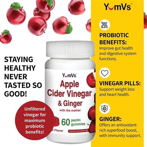 Apple Cider Vinegar Gummies With The Mother Ginger By Yumvs Non Gmo Vegetarian Supplement