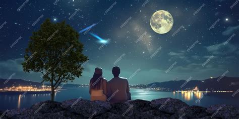 Premium Photo Couple Sitting On A Rock Watching The Moon