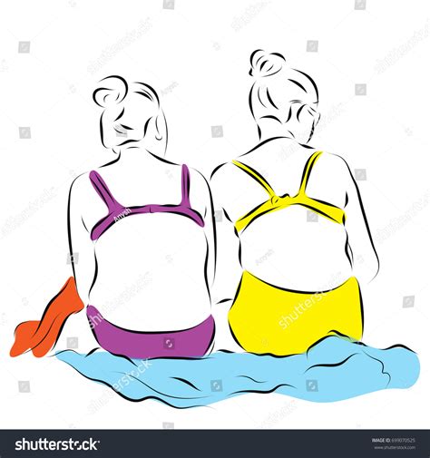 Two Women Bathing Suits Sitting Their Vector De Stock Libre De