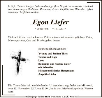 Traueranzeigen Von Egon Liefer Trauer Kreiszeitung De