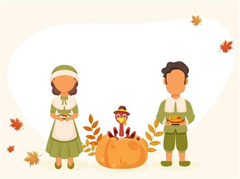 Faceless Pilgrim Couple Character Holding Pie Cake With Turkey Bird