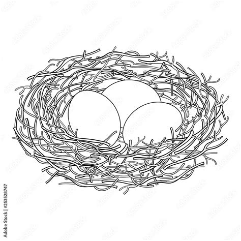 Drawing Of Outline Bird Nest From Branch With Three Eggs In Black