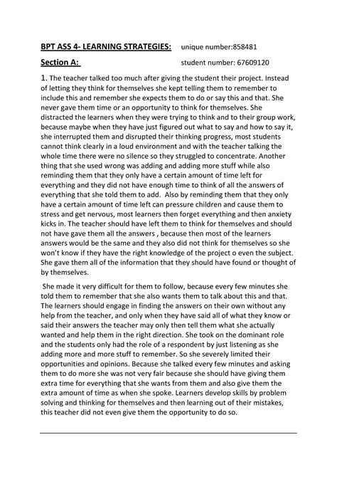 BPT ASS Pdf Being A Professional Teacher BPT ASS LEARNING STRATEGIES Unique Number