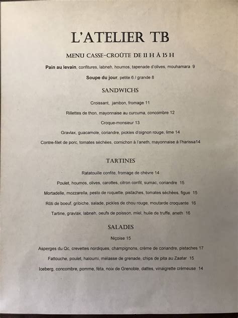 Menu at LATELIER TB restaurant Boucherville Café Centre DArt