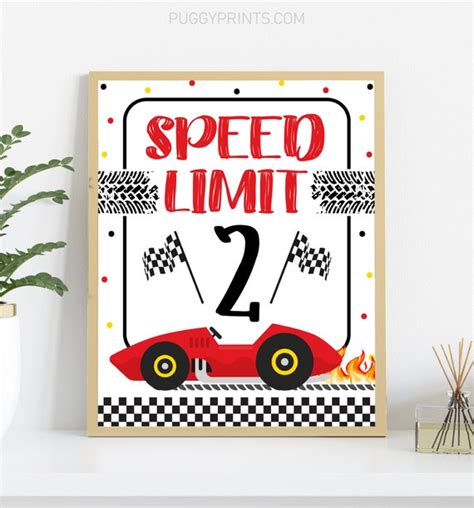 Race Car Speed Limit 2 Sign Printable Racing 2nd Birthday Party Sign