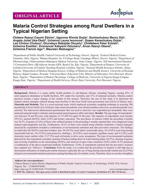 Malaria Control Strategies among Rural Dwellers in a Typical Nigerian